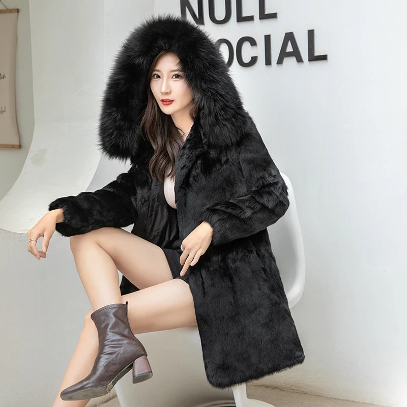 Winter Natural Fur Full Pelt Rabbit Fur Coat with Fox Fur Hooded Collar Women Fox Fur Jacket Customize Big Size 251027