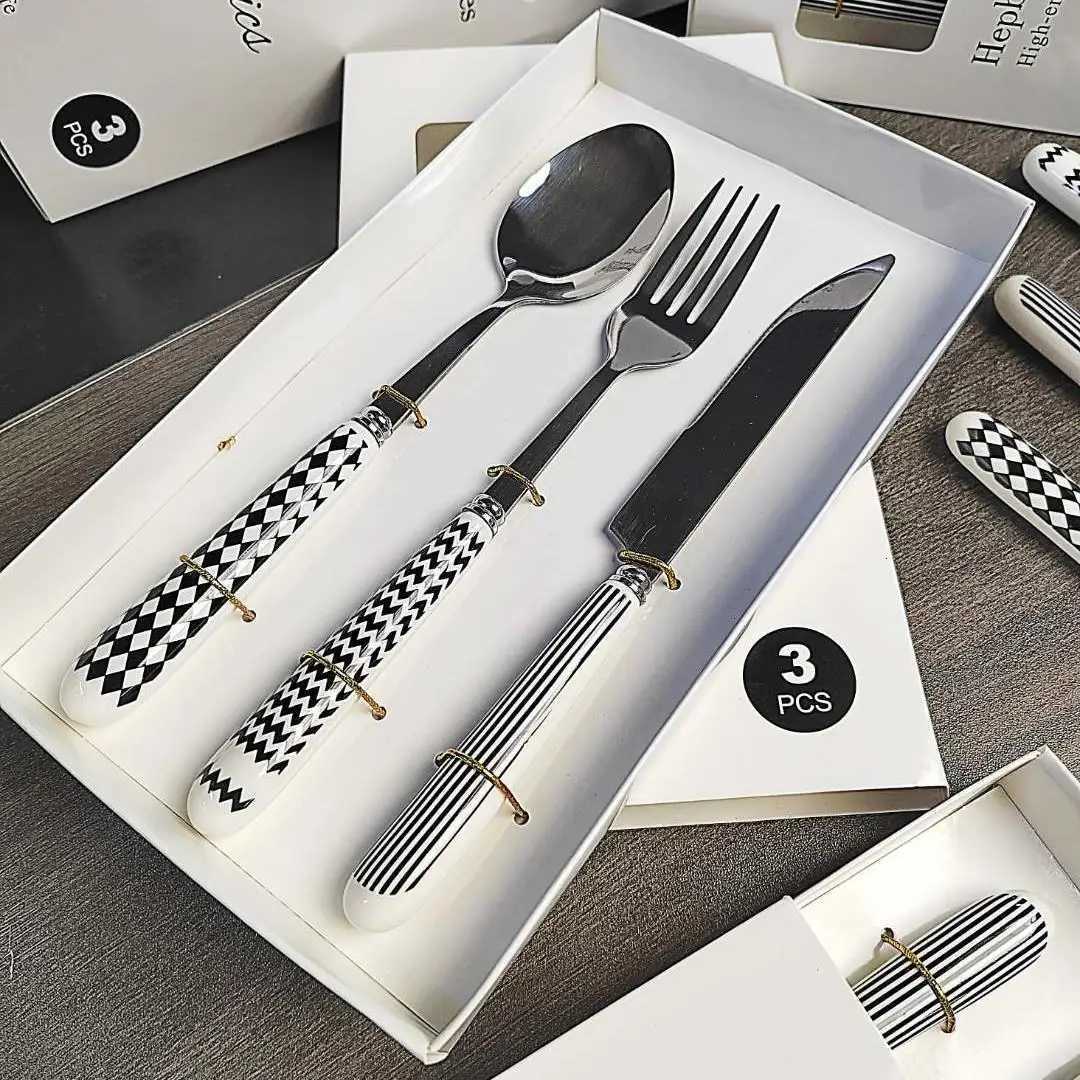 3 pcset christmas Stainless Steel Knife Fork Spoon Checkerboard Ceramic Handle Kitchen Dinnerware Dessert Fork Spoon Tablewares Y251025