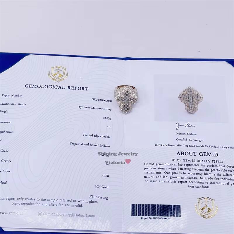 Pass Diamond Tester Men Hip Hop Iced Out Baguette Cut Moissanite 10k Gold Ring