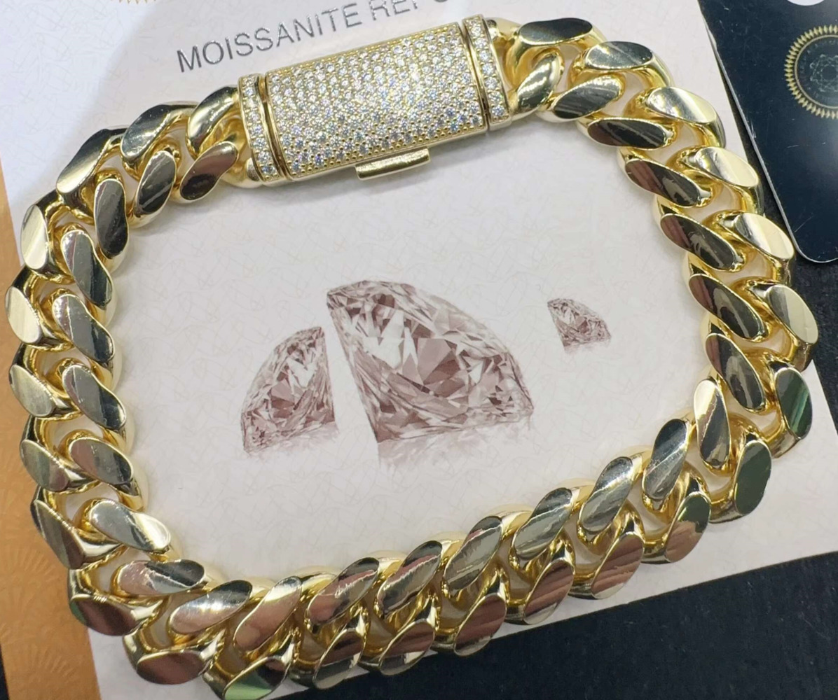 Fashion Sterling Silver 925 VVS Moissanite Lab Diamond Clasp Hip Hop Jewelry 14K Real Gold Plated Cuban Link Chain Bracelet