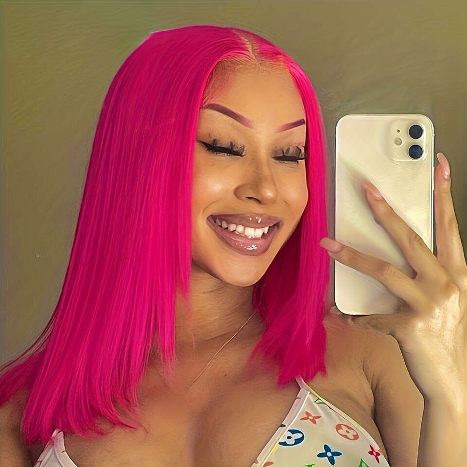 180% Density Pink Straight Bob Lace Front Wig Women - 13X4 Transparent Human Hair Wig, Elegant Shoulder-Length Style, Versatile & Natural Look For Eve