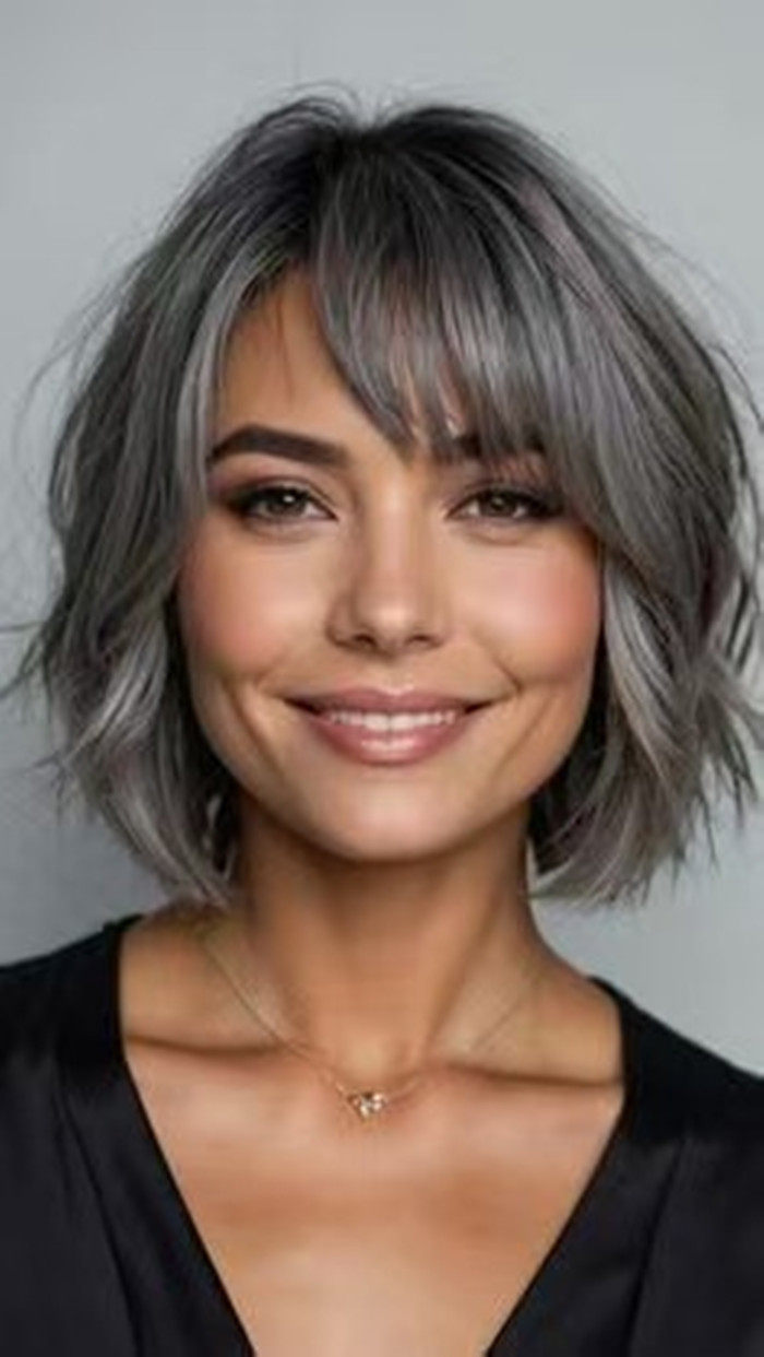 Raw hair salt and pepper human hair wigs long bob wigs style with bang fringe mixed highligth silver grey machine made wig natural scalp