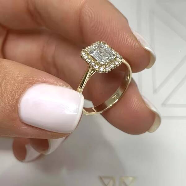Customized Engagement Ring 10K Gold Emerald Cut Moissanite Halo Diamond Ring