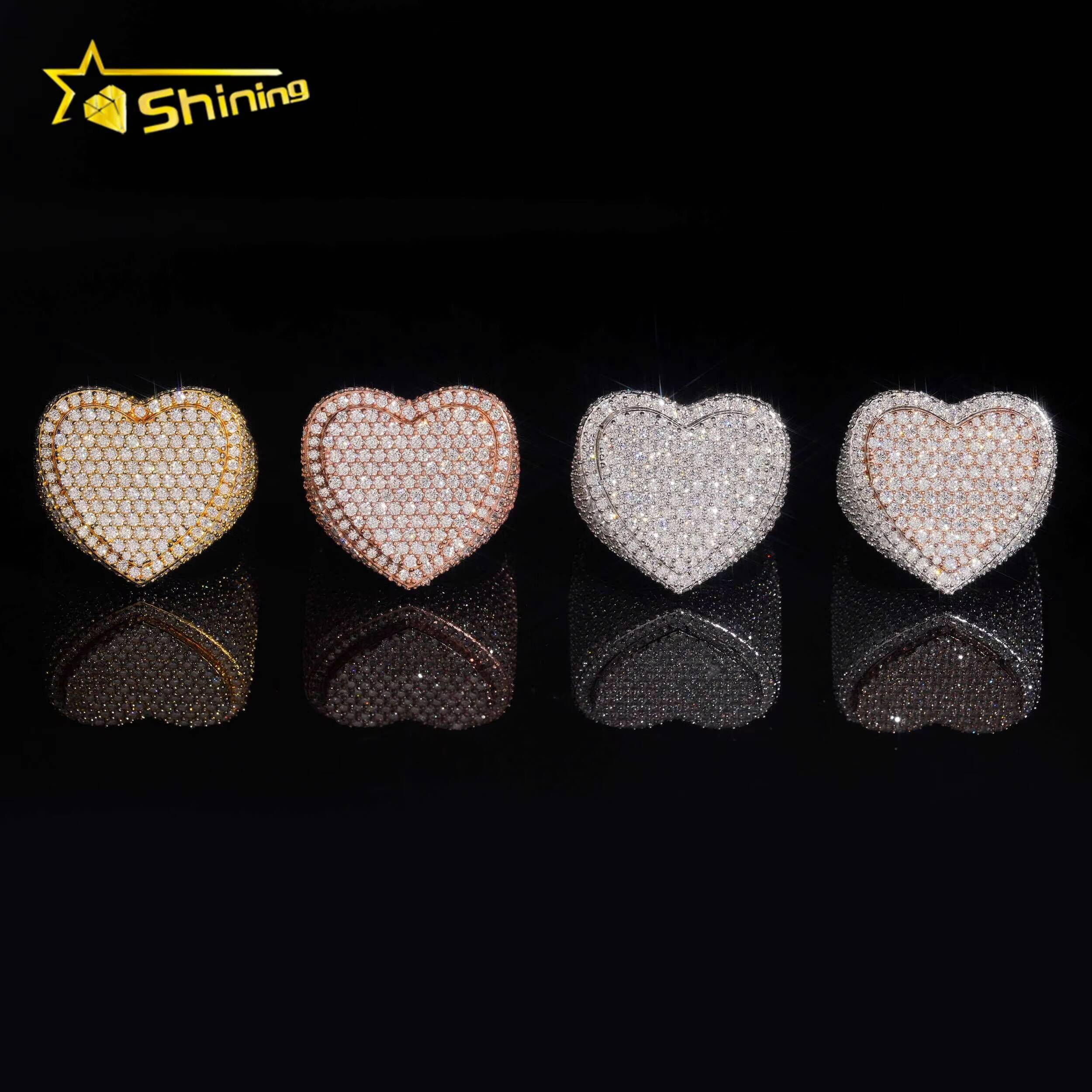 Heart ShapeIced Out Moissanite Ring GRA Pass Diamond Test 925 Sterling Silver Gold Plated Hip Hop Mens Rings