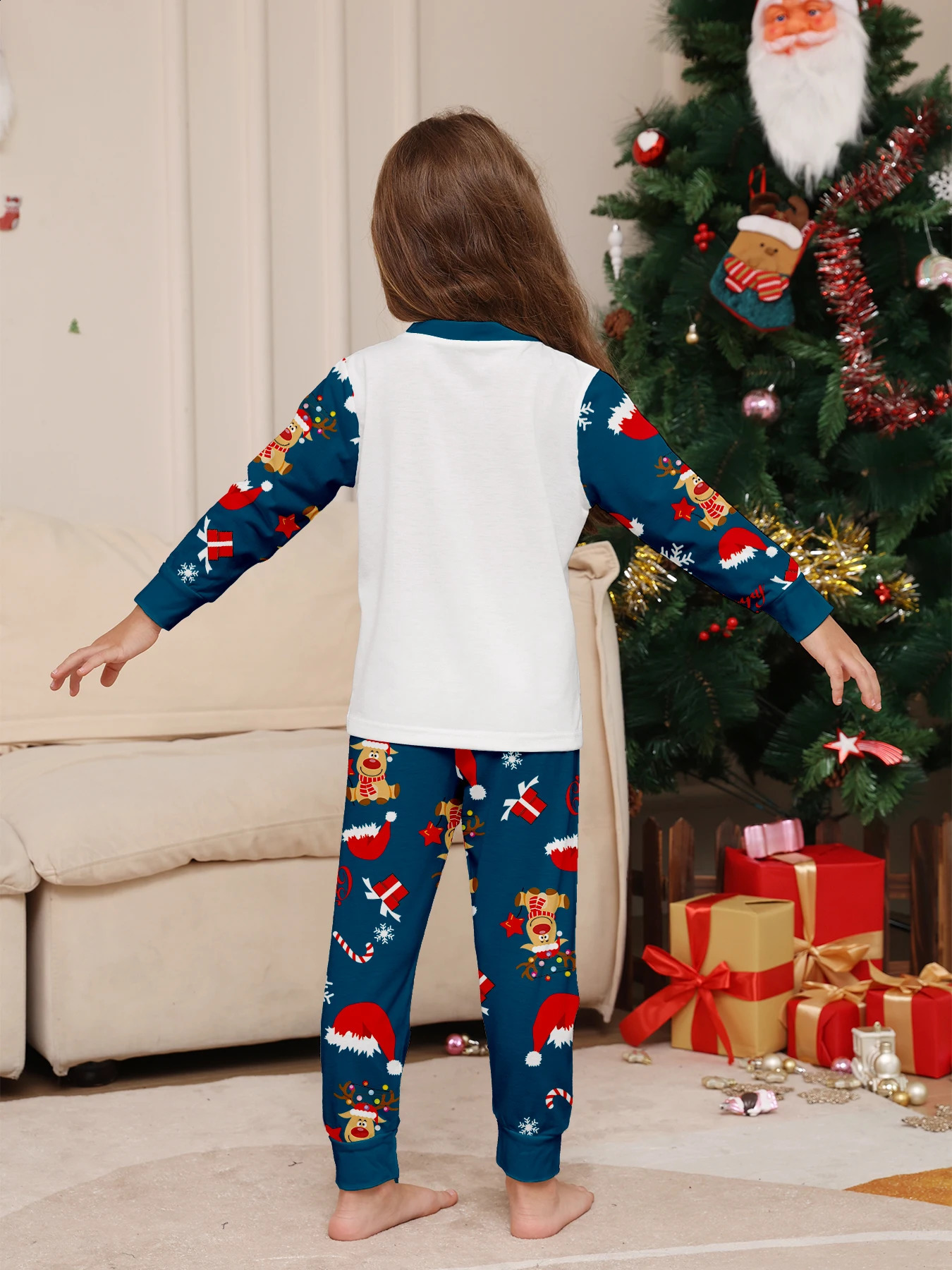 Christmas Family Pajamas Matching White Navy Set with Reindeer Lights Prints 251027