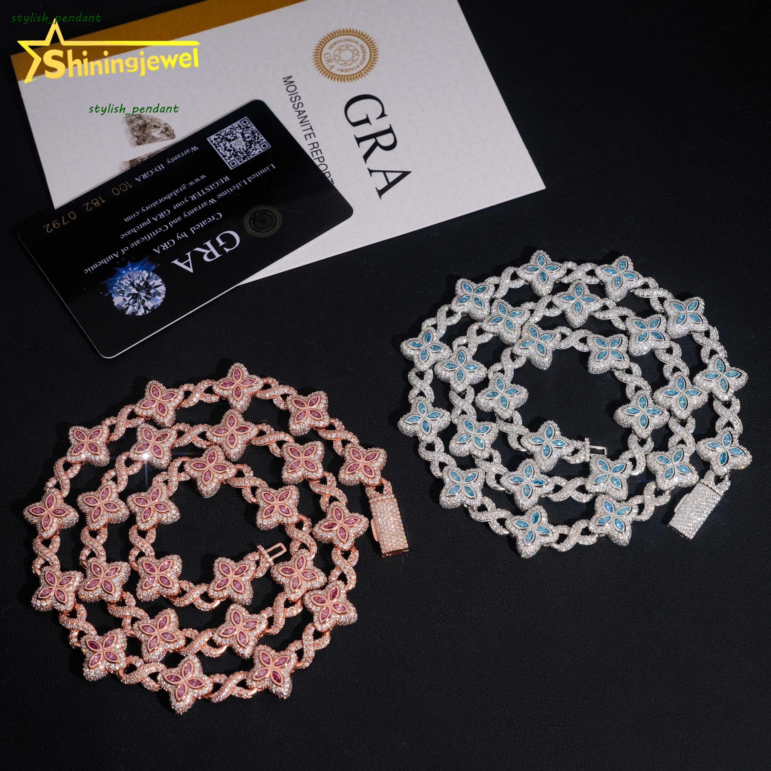 15mm Iced Out Hip Hop Jewelry Bracelet 925 Solid Silver Marquise Diamond VVS D Moissanite Cuban Link Chain Clover Necklace