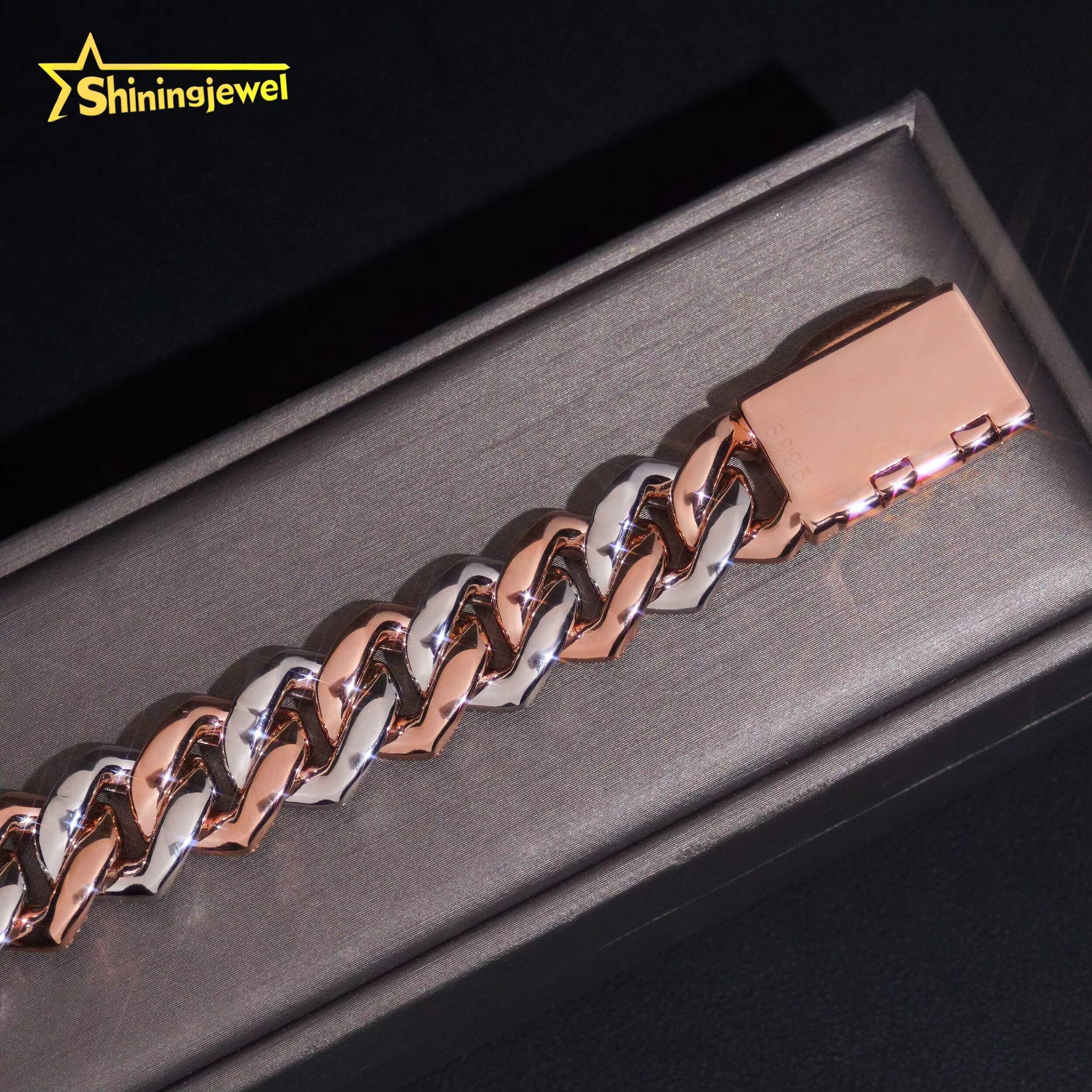 Two Tones Silver Rose Gold 15mm Moissanite Cuban Link Bracelet Hip Hop Moissanite Cuff Bracelet for Unisex Fashion