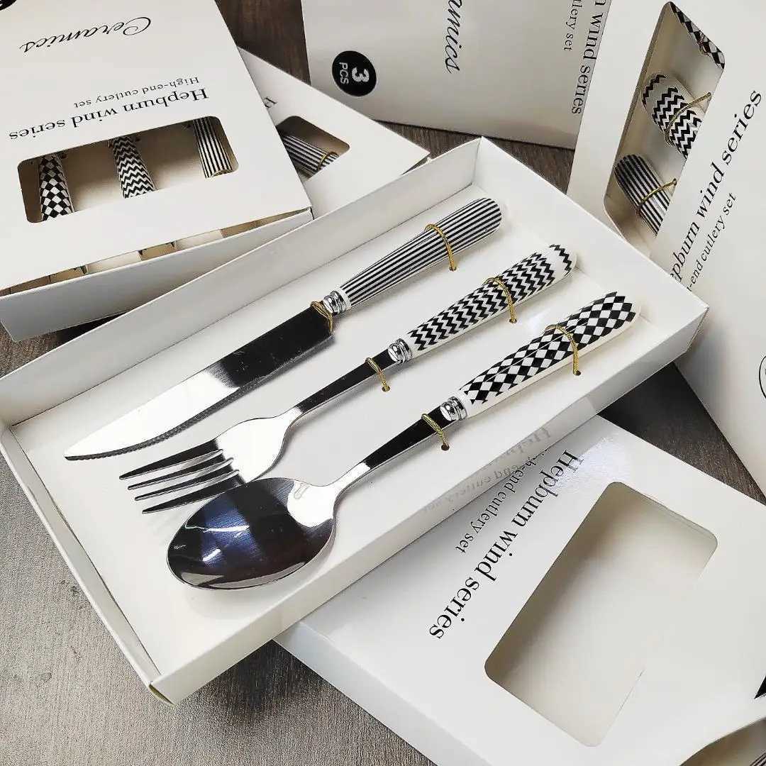 3 pcset christmas Stainless Steel Knife Fork Spoon Checkerboard Ceramic Handle Kitchen Dinnerware Dessert Fork Spoon Tablewares Y251025