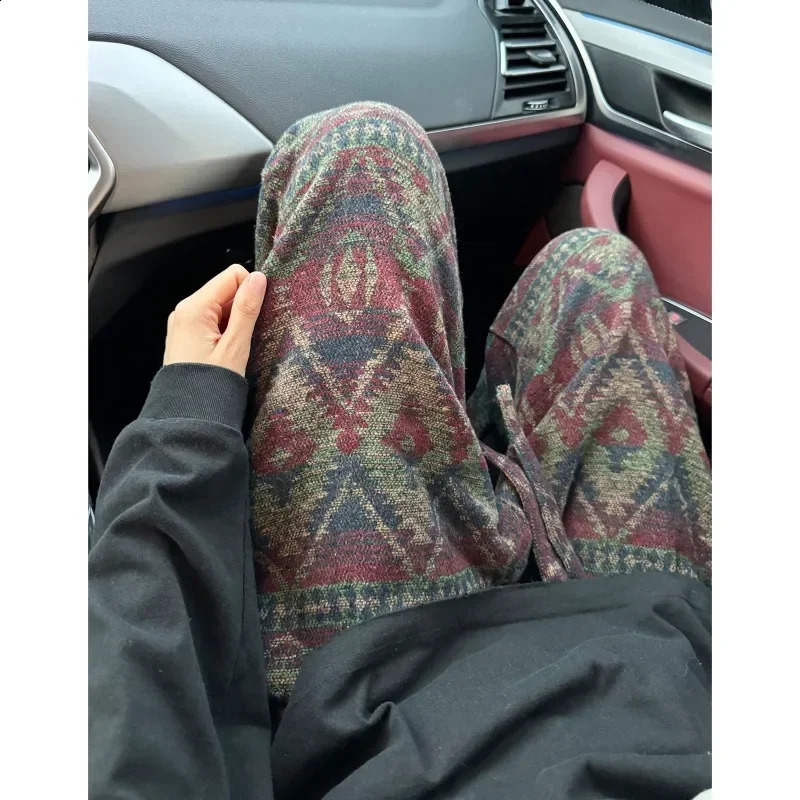 Hippie Pattern Knitted Slacks Mens Autumn Winter Straight Baggy Pants Plaid Wide Leg Vintage Distressed Trousers 251027