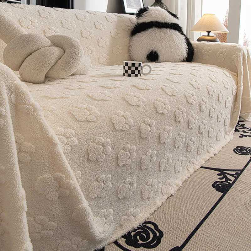 Cute Cat Paw Jacquard Sofa Towel Lovely Solid Color Plush Keep Warm Couch Slipcover AllInclusive Recliner Cover for Living Room C251028