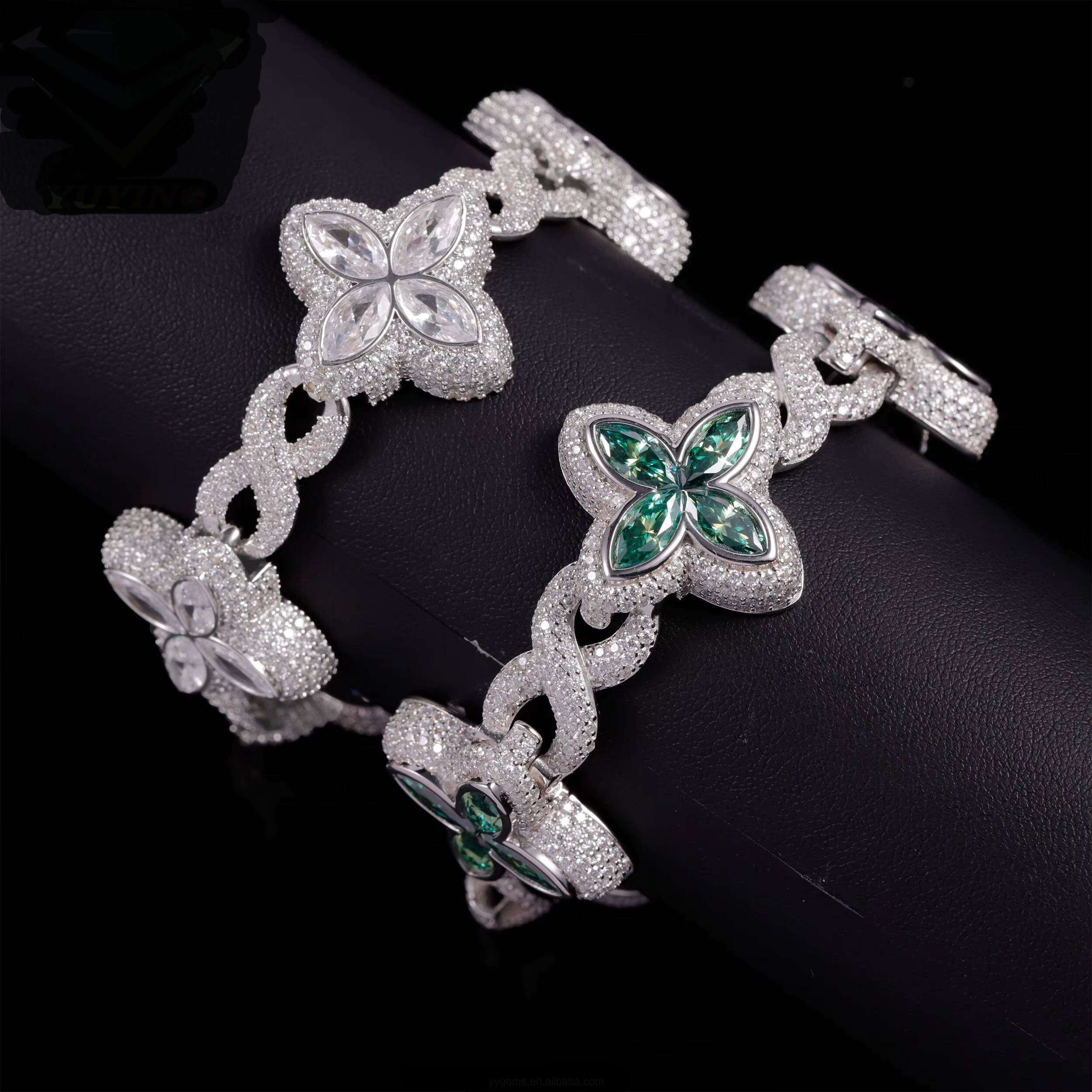 Yy New Design Iced Out Clovers Vvs Moissanite Bracelets Cuban Chain 925 Sterling Silver Fine Jewelry Bracelets for Men Women