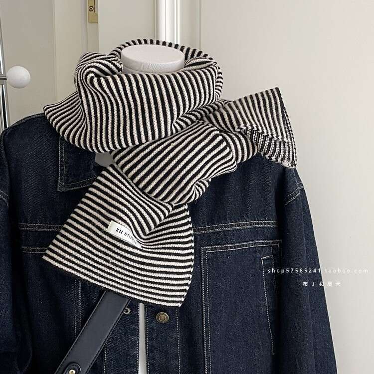 Elegant Black and White Thin Striped Color Matching Style Simple Decorative Short Warm Autumn Winter Women's Scarf
