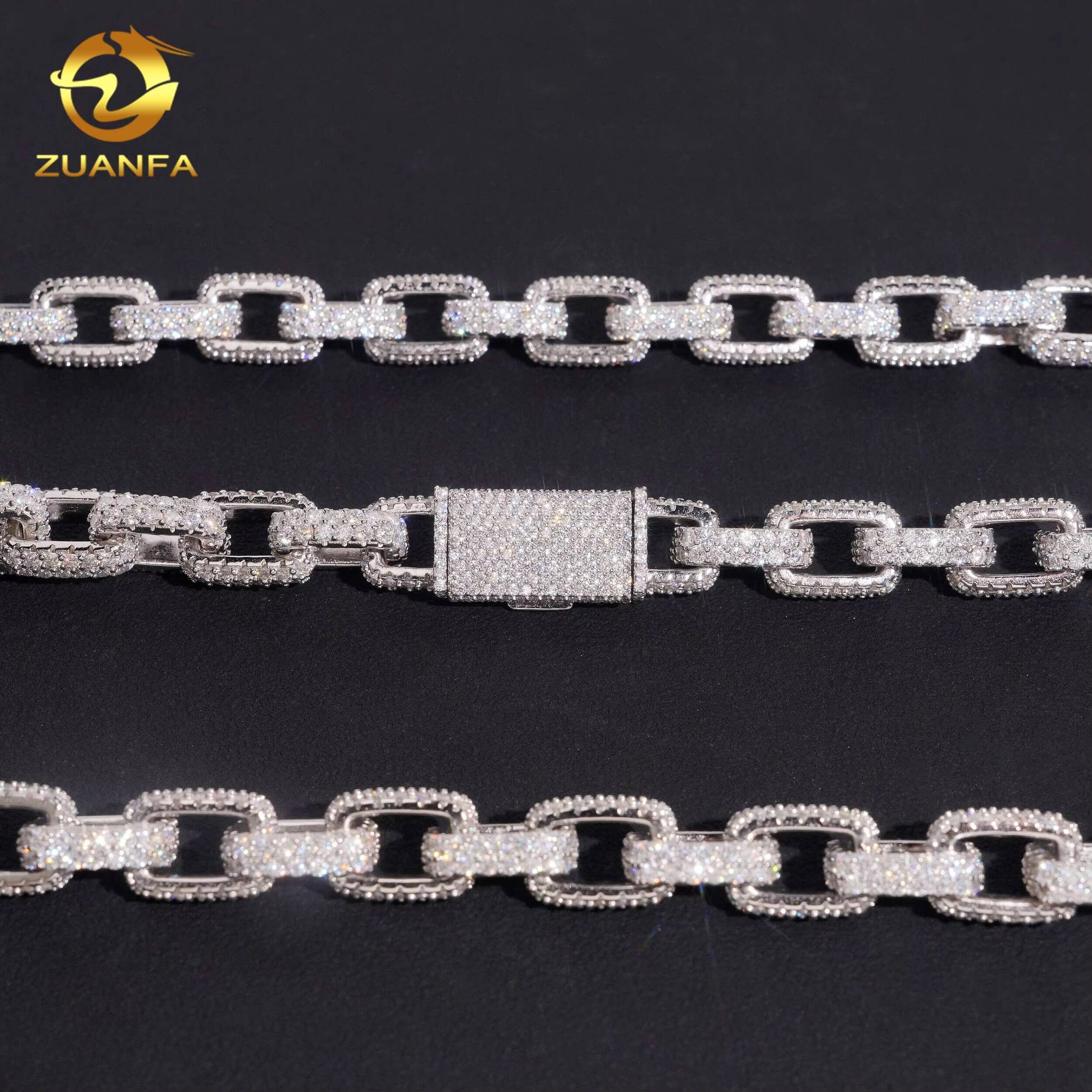 10mm Moissanite Hip Hop Jewelry Moissanite Diamond Cuban Link Chain 925 Silver Iced Out Cuban Chain Square