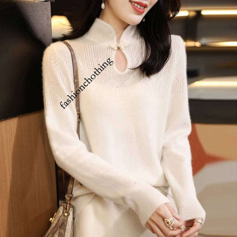 Women 100% Merino Wool Sweater Autumn Winter Stand-up Collar Warm Pullover Chinese Style Buckle Cashmere Knitwear Bottoming Tops