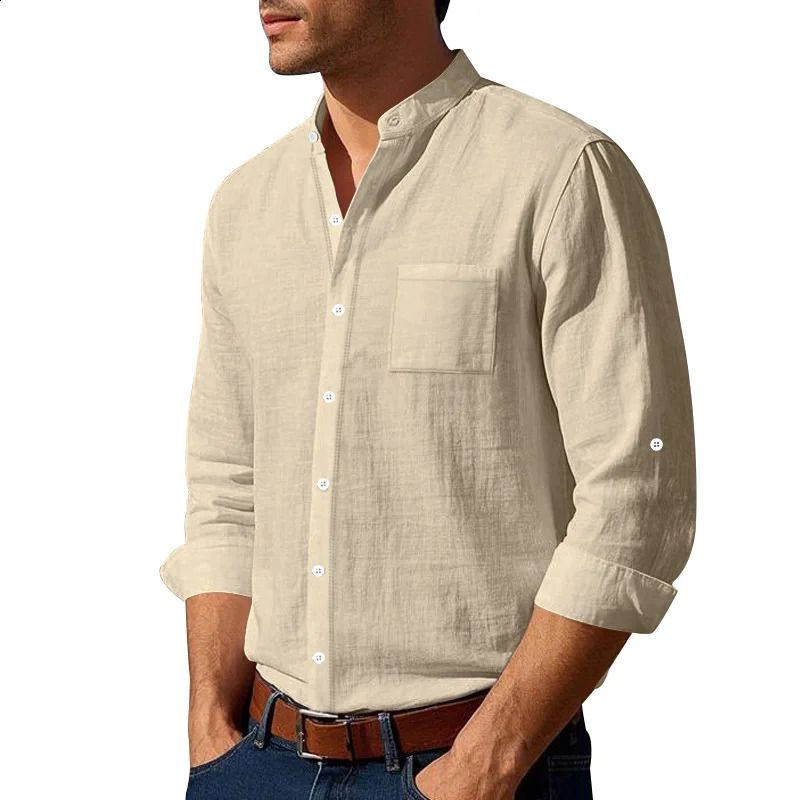 Mens Linen Mandarin Collar Shirt Breathable WrinkleFree Chinese Style with Pocket BeigeBlackWhite SXXXL Wholesale 251020