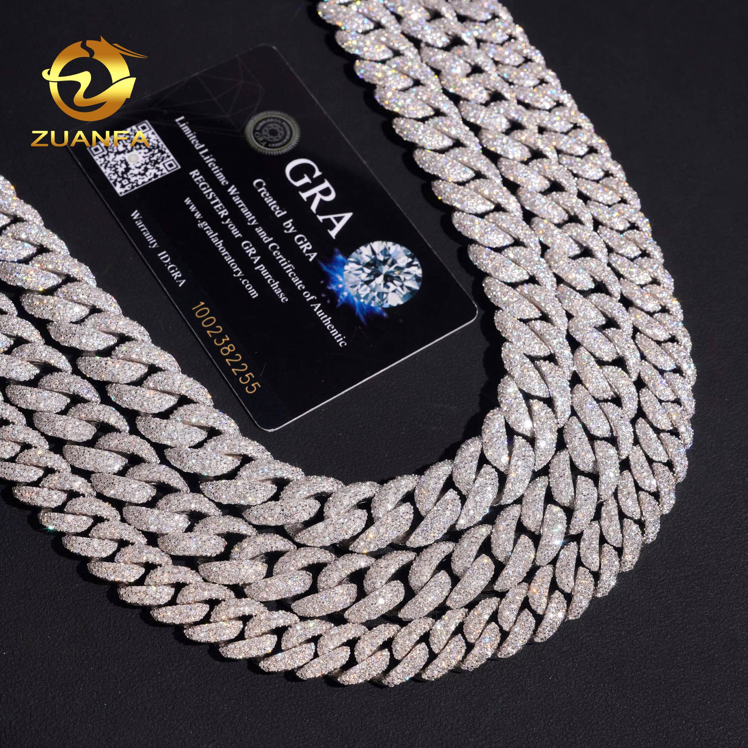 Hip Hop Jewelry 12mm 14mm 15mm Moissanite Cuban Link Chain 925 Silver Iced Out Mosaic Cuban Link With GRA Certificate
