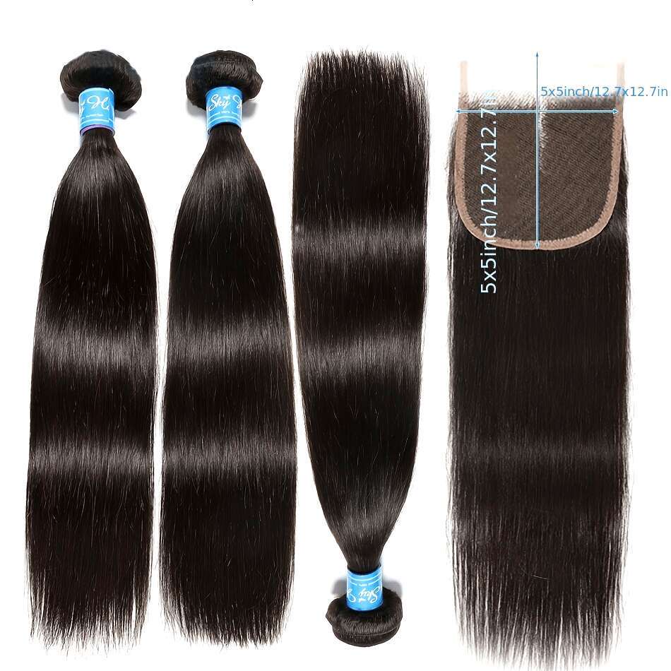 3 12A 100% Unprocessed Peruvian Virgin Human Weave - Bone Straight 5X5 HD Transparent Lace Closure, Natural Black Free Part For, Versatile Styling Sty