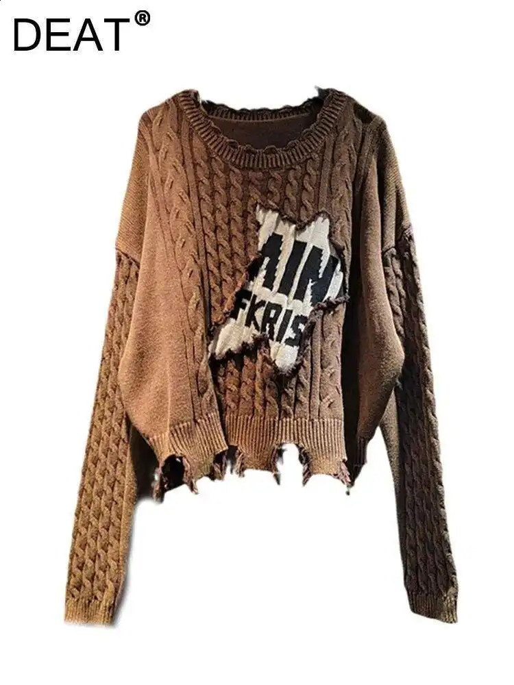 DEAT Womens Sweater Loose Patchwork Letters Distressed Long Sleeve Knitted Tassel Pullover Summer 2025 Fashion 29L8324 251027