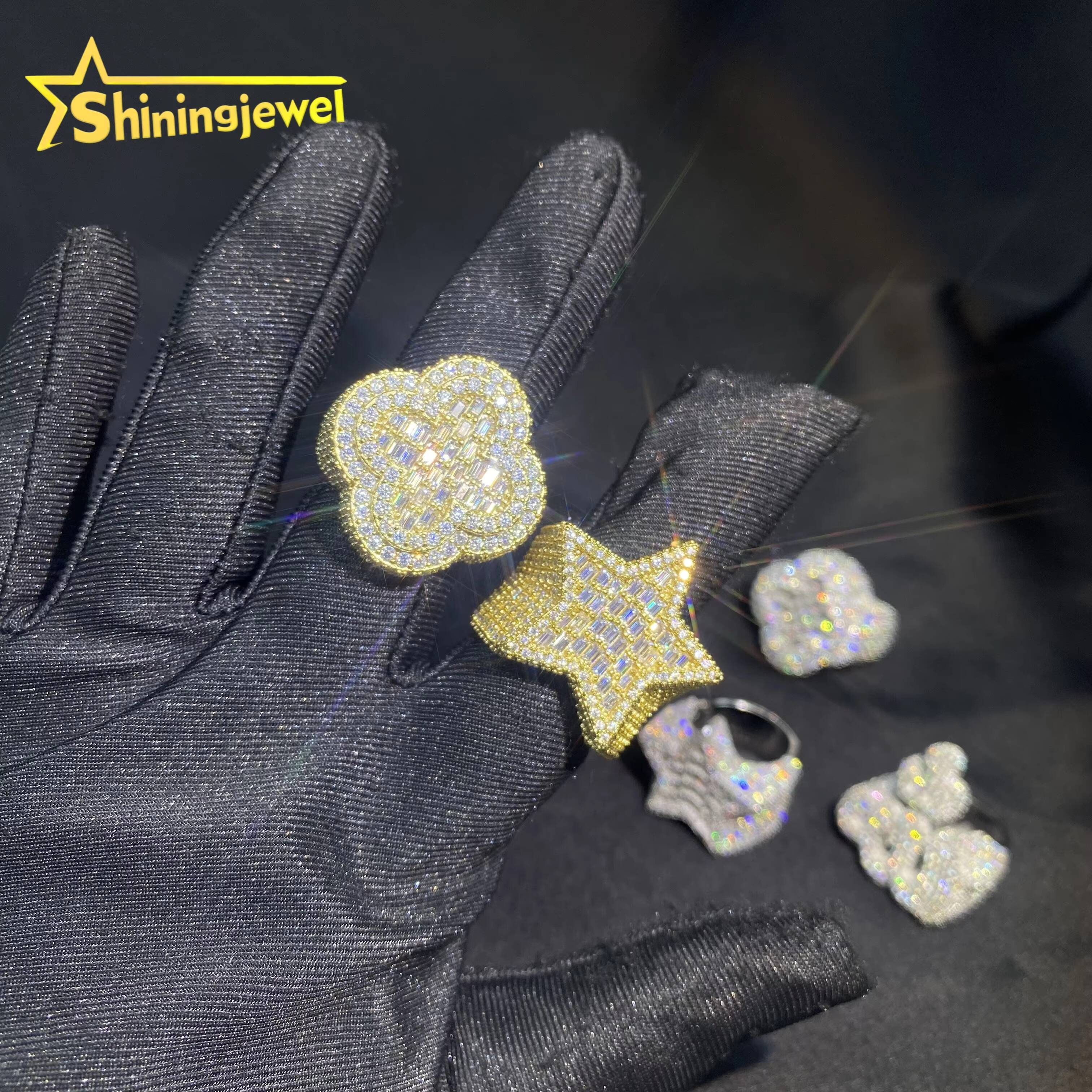 Fashion Star Ring Baguette Hip Hop Style Iced Out VVS Moissanite Jewelry Custom 925 Sterling Silver Diamond Clover Allah Rings