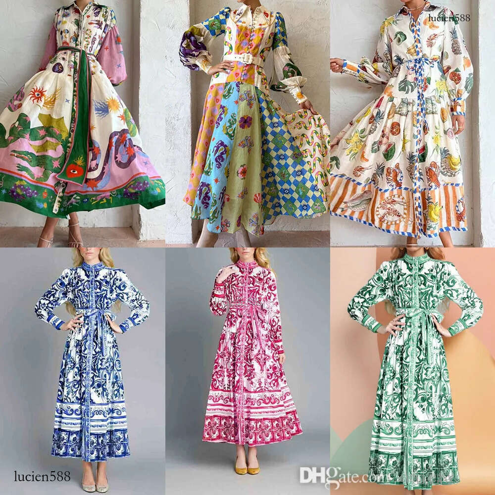 Plus Size S-3XL Elegant Dresses For Woman Fashion Printed Party Designer Dress Women Long Sleeve Lapel Neck High Waist Big Swing Dress