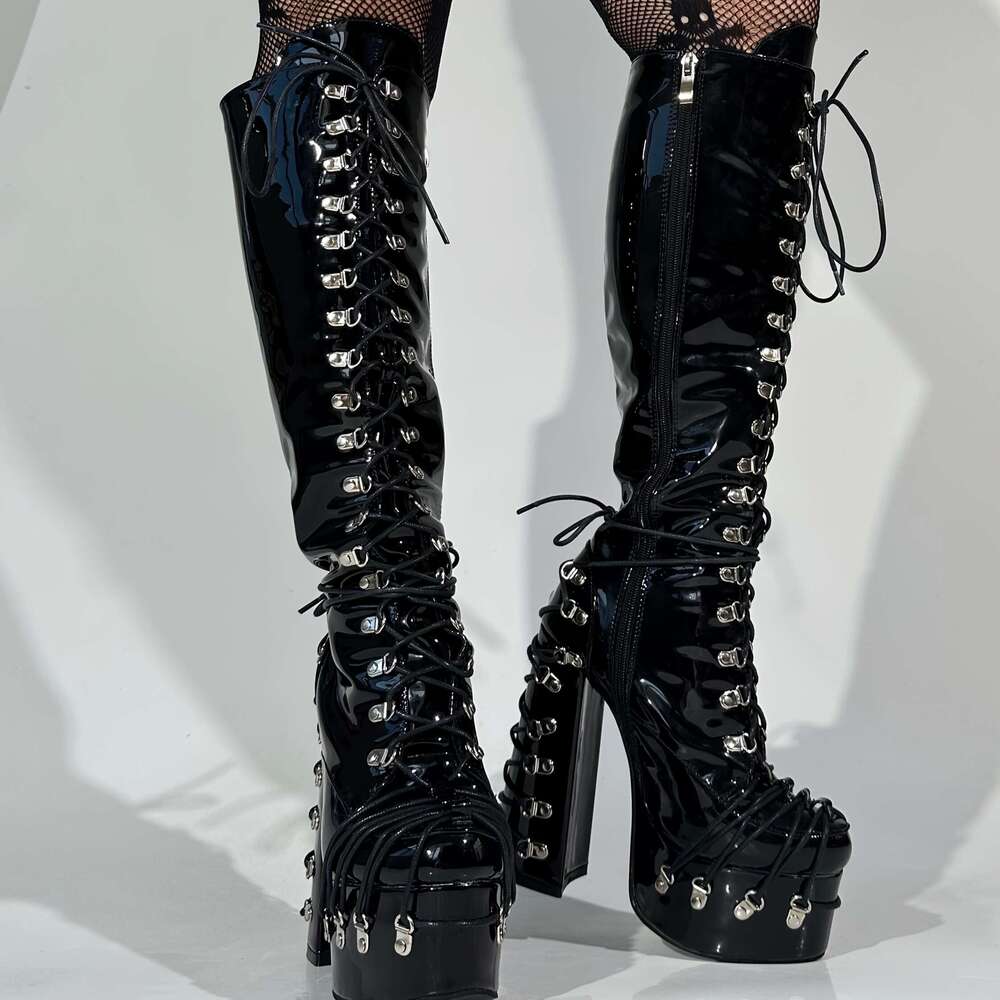 Frankie Hsu Goth Chunky Platform Knee High Heeled Lace Up Boots, Black Patt Siery Multi Buckle Gothic, Punk Y2k Hot Big Large Size Calf Long Shoes For