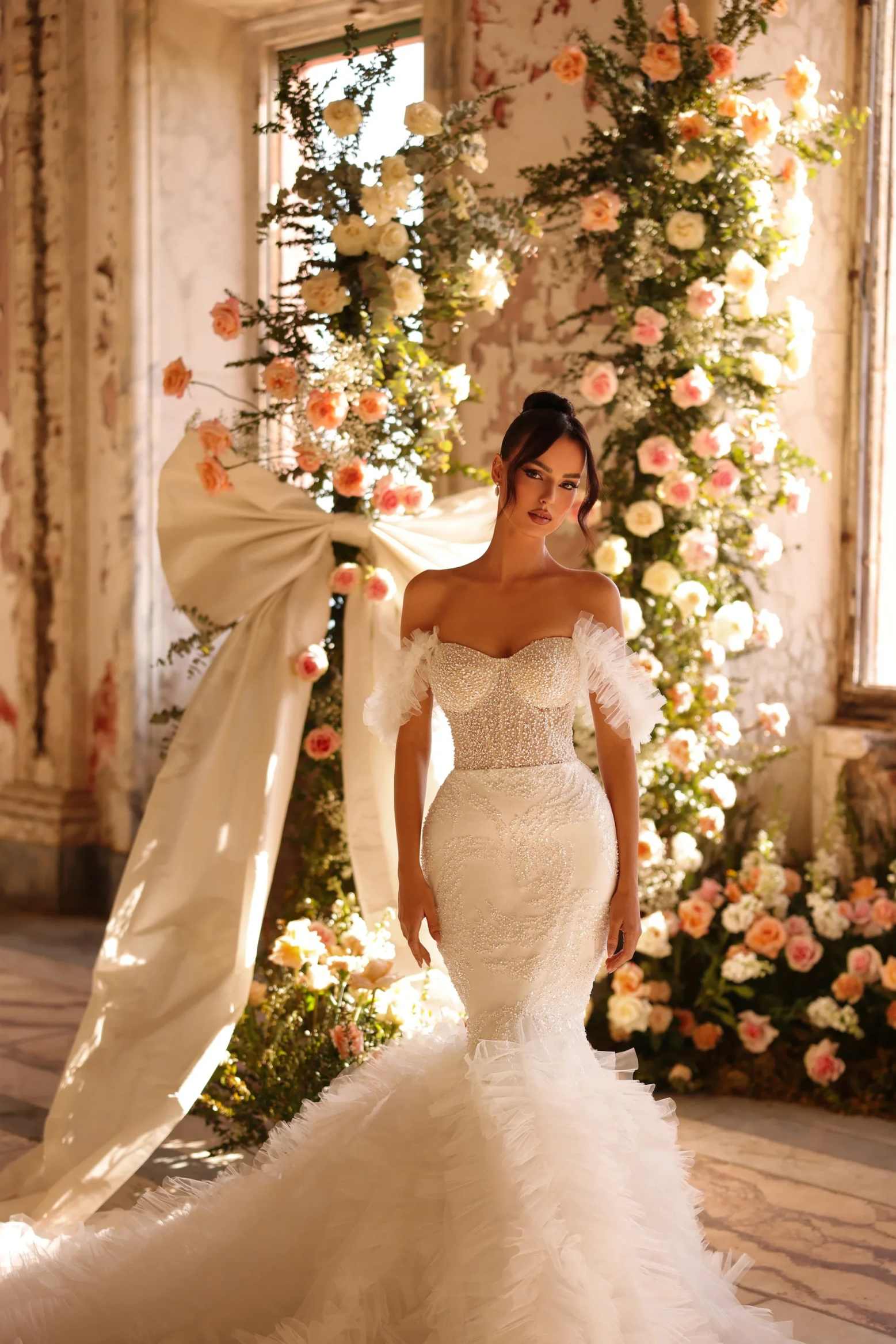 Luxury Mermaid Evening Dresses Ruffles Train Off Shoulder Sleeveless Beading Appliques Bridal Gowns Customized Vestidos De Novia