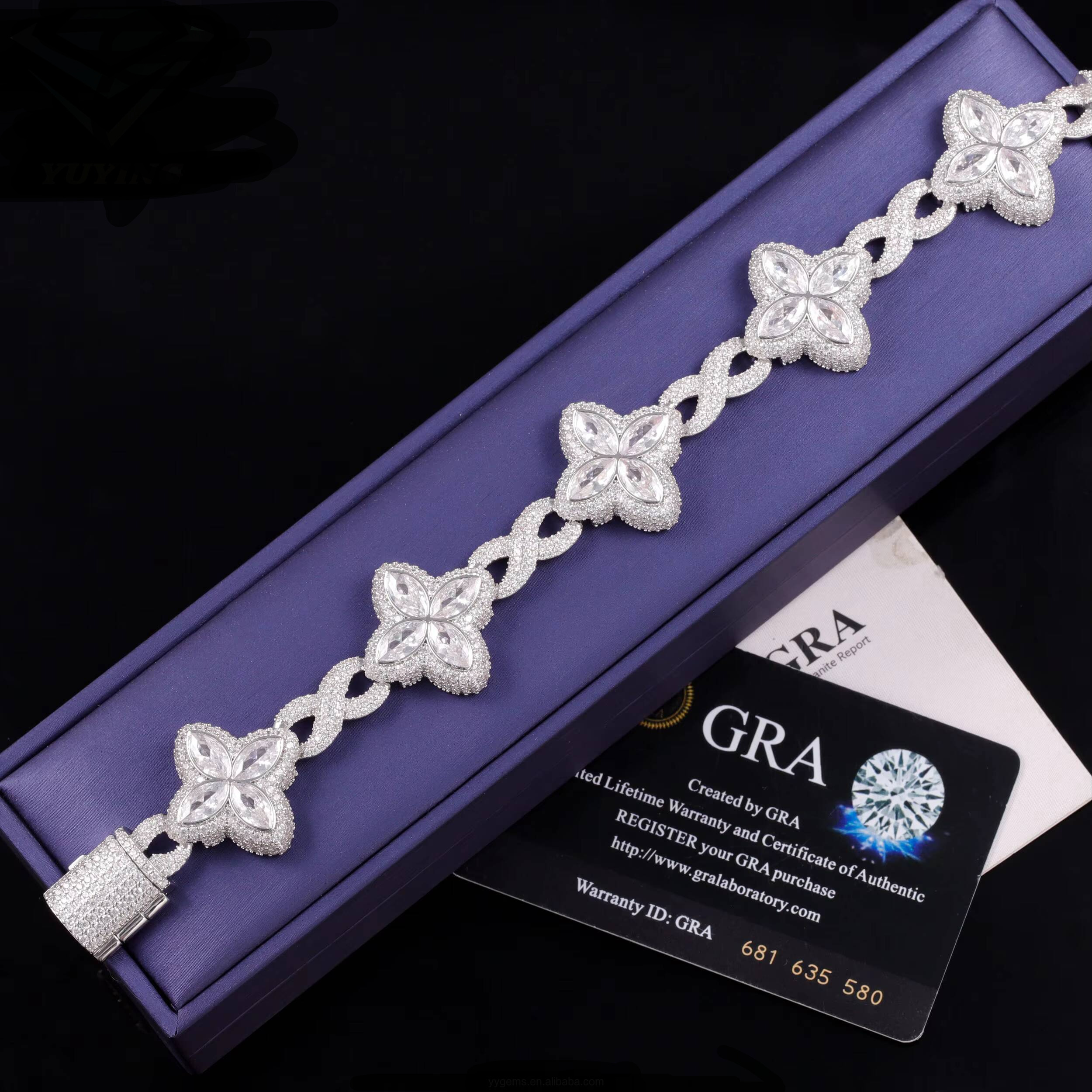 Yy New Design Iced Out Clovers Vvs Moissanite Bracelets Cuban Chain 925 Sterling Silver Fine Jewelry Bracelets for Men Women