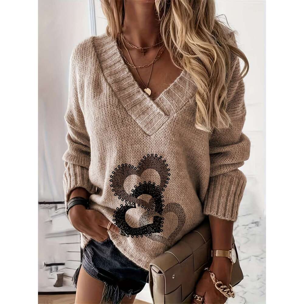 Women's V-Neck Print Sweater - Cozy Pullover With Contrast Trim, Medium Stretch & Relaxed Fit For Fall Winter Casual Wear, Cute Sweater, Playful 