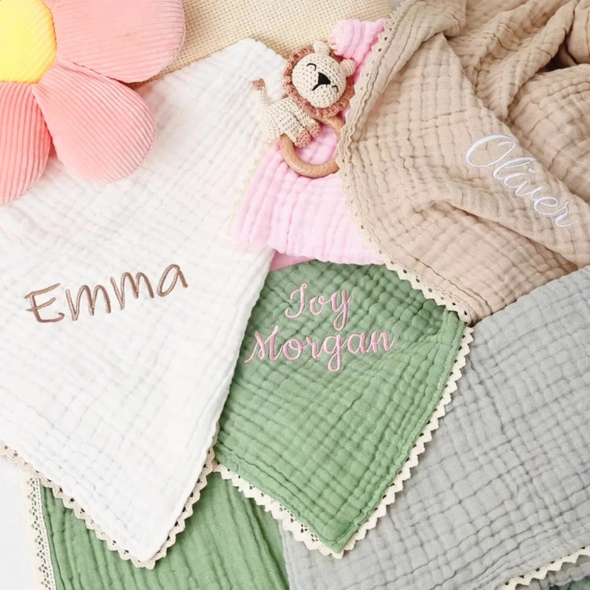 Personalized Custom name Embroidered born letter Nursery Baby Cotton Plain Color blanket Stroller Cover Lace Gifts Boy Girl 251027