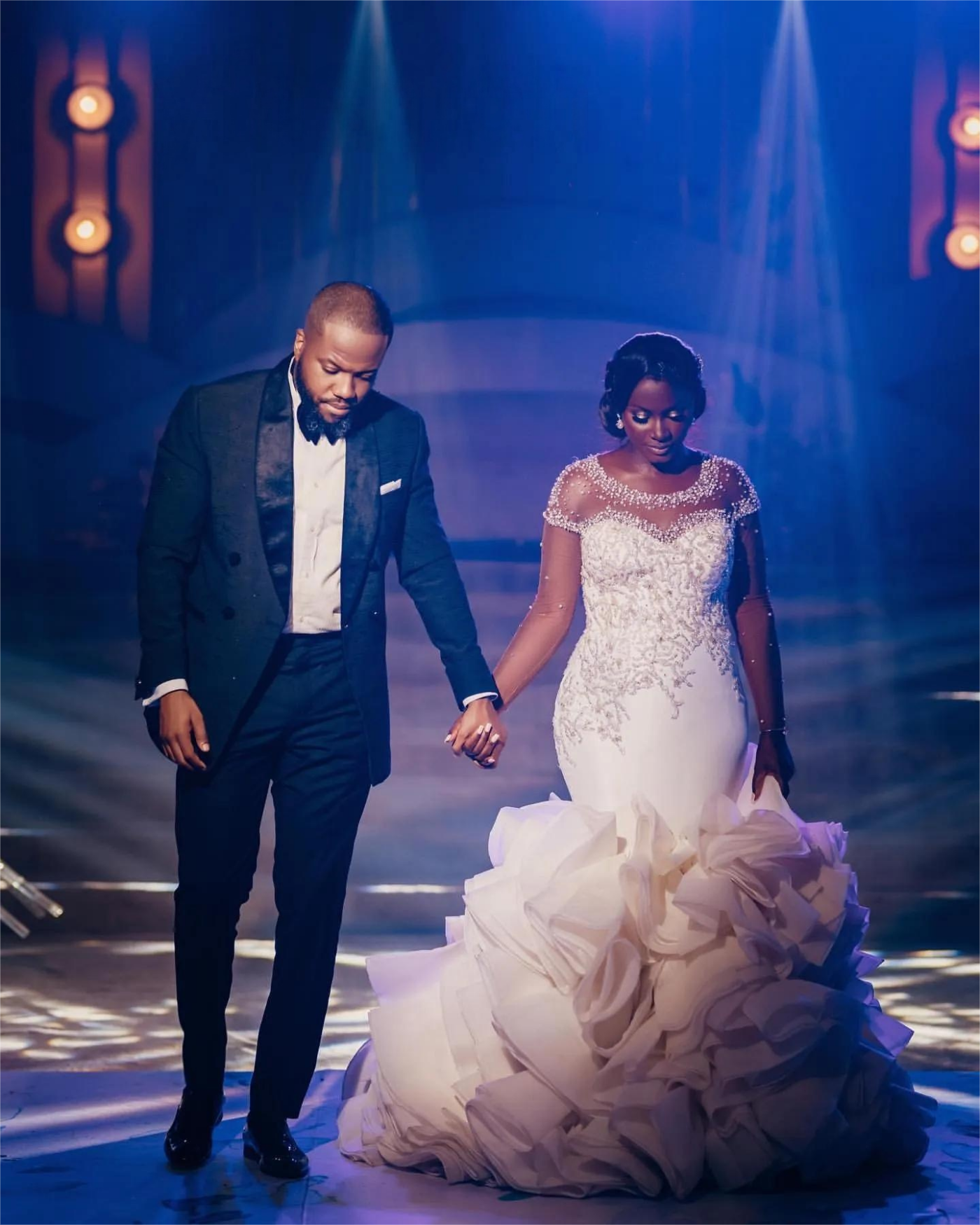 Aso Ebi Mermaid Wedding Dress in Ivory with Beaded Crystals Satin Tiers Luxurious and Sheer Neck