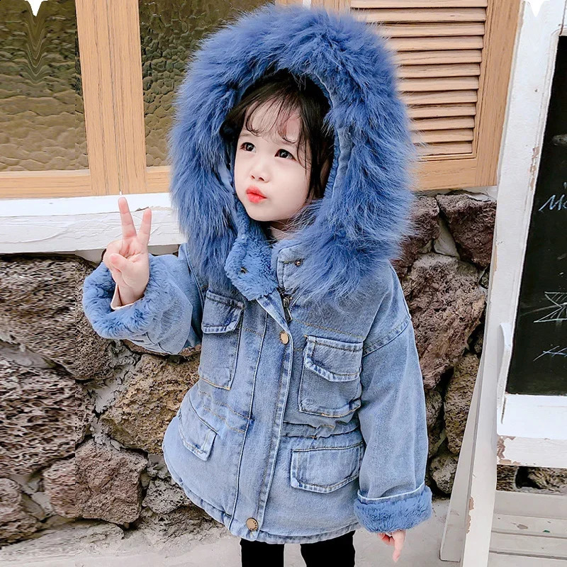 Childrens Denim Jacket Winter Plush and Thick Warm Jacket Baby Hooded Large Fur Collar Denim Casual Korean Cotton Jacket 251027
