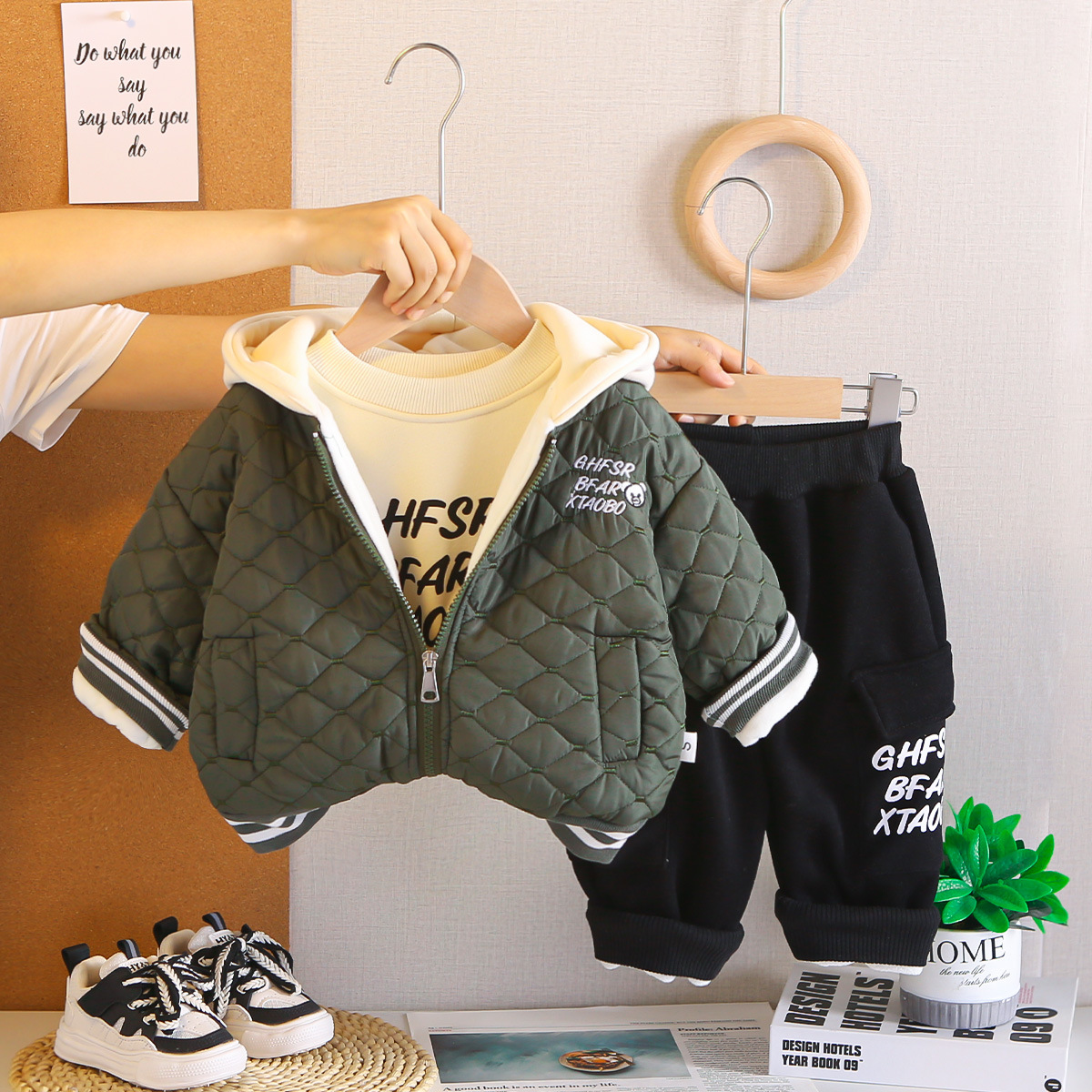 Kids Clothing 2025 Boys Winter Fleece-Lined 3-Piece Set, English Bear Print Overalls Outfit, Warm Thermal Clothing for Baby Boy & Toddler Free Shippin