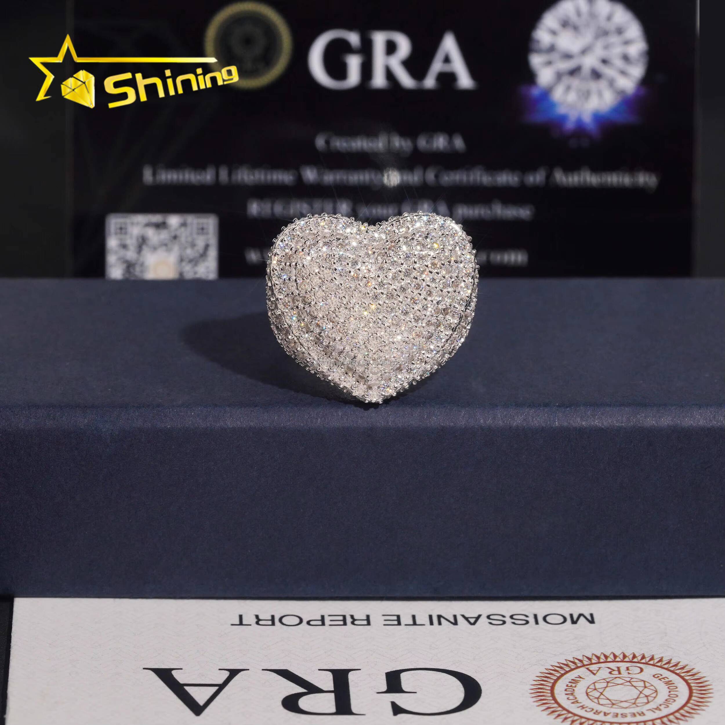 Bulk Stock New Arrivals Drop Shipping Hip Hop Fire Jewelry S925 Solid Silver Fully Iced Out VVS1 Moissanite Diamond Heart Ring