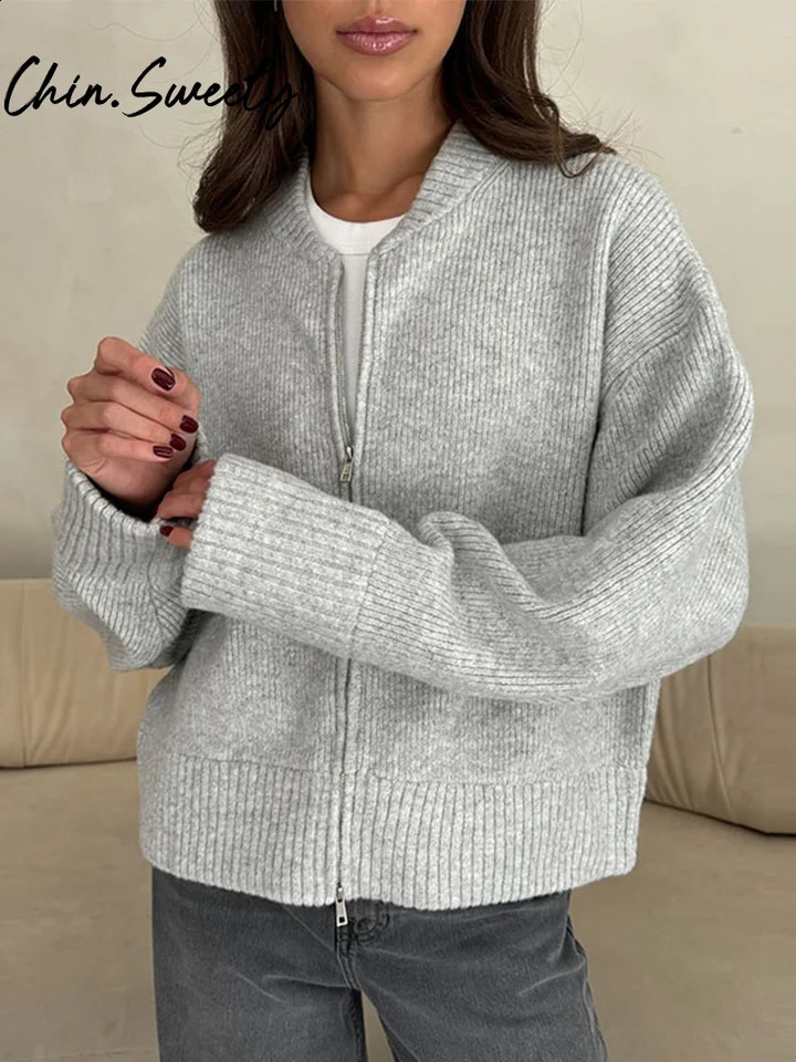 Vintage Knit Women Cardigan Casual Full Sleeve Zipper O Neck Pleated Solid Lady Sweater 2025 Autumn Fashion Female Knitwear 251027