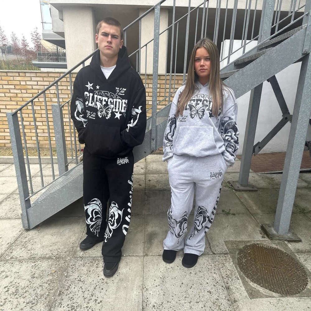 Unique Butterfly Letter Print Vintage Loose Hoodie and Straight Casual Sweatpants