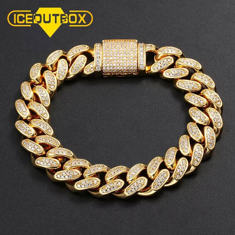 Fashion 12mm Iced Out Cuban Link Bracelet 18K Gold Plated Brass Prong Setting Moissanite Diamond Hiphop Jewelry for Men