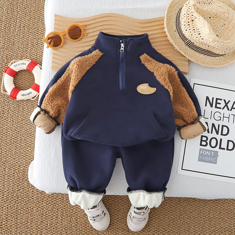 Free Shipping 2025 Boys Winter 2-Piece Set, Fleece-Lined Half-Zip Hoodie Outfit, Fashion Thermal Clothing for Toddler Boys