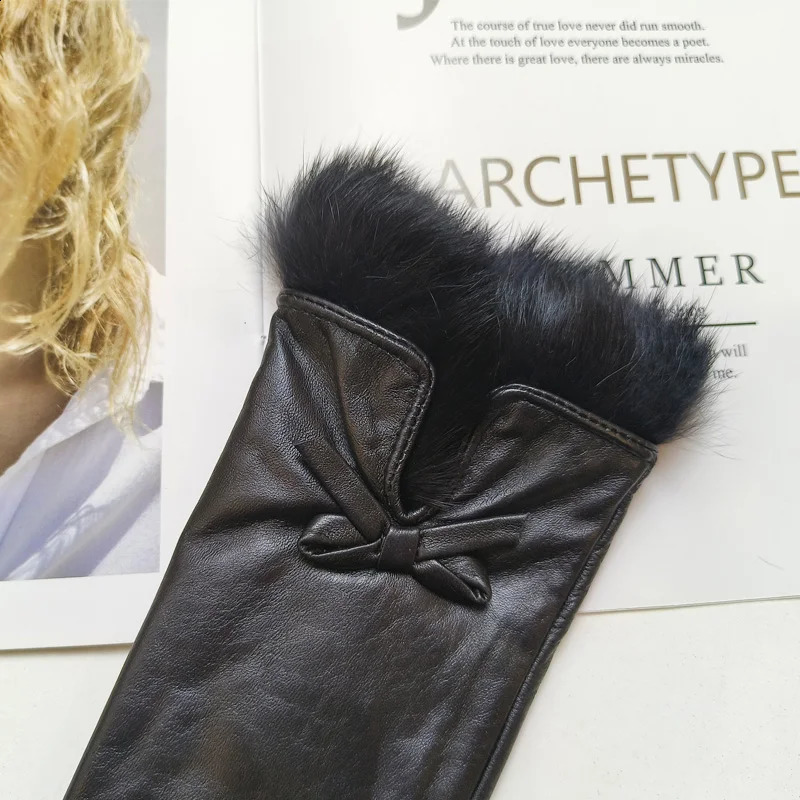 Womens sheepskin bow gloves with warm velvet lining and genuine leather driving gloves 251027