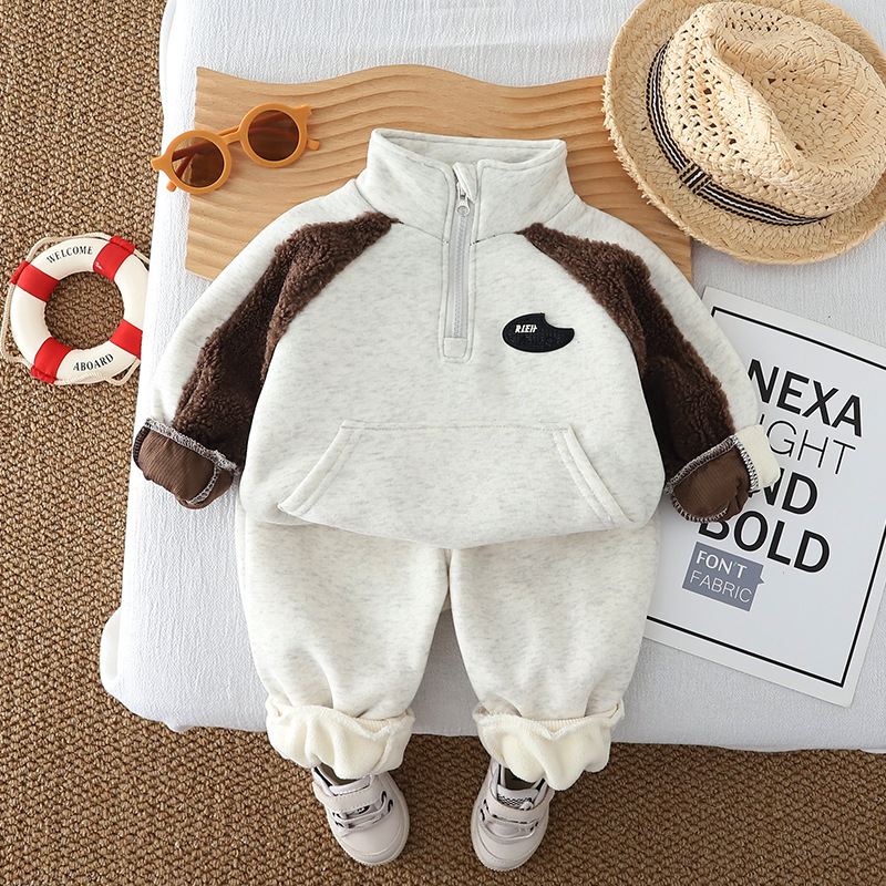 Free Shipping 2025 Boys Winter 2-Piece Set, Fleece-Lined Half-Zip Hoodie Outfit, Fashion Thermal Clothing for Toddler Boys