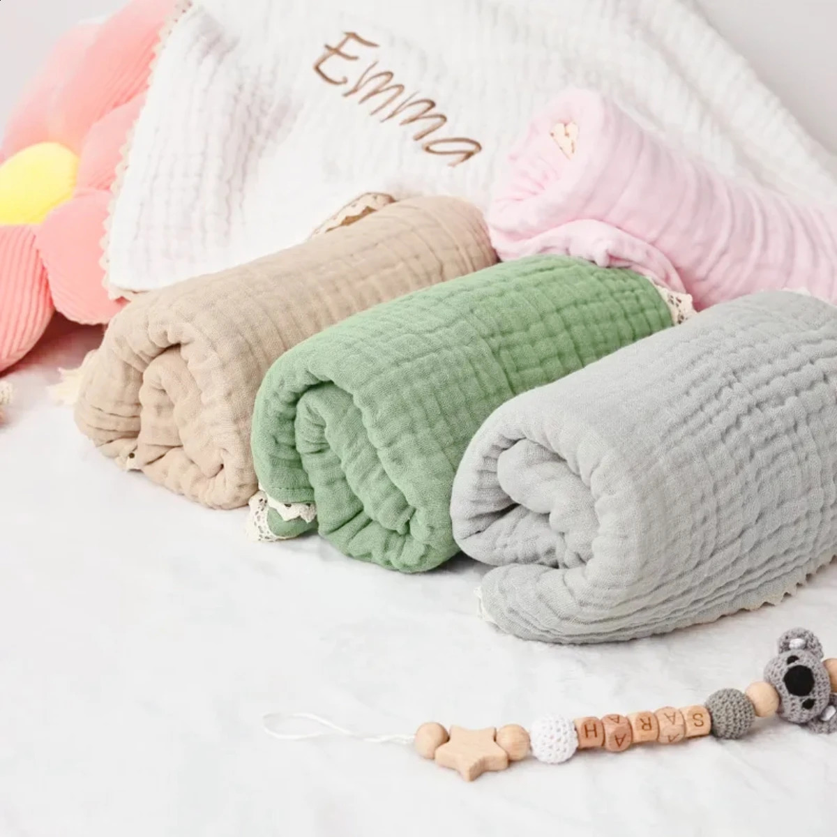 Personalized Custom name Embroidered born letter Nursery Baby Cotton Plain Color blanket Stroller Cover Lace Gifts Boy Girl 251027