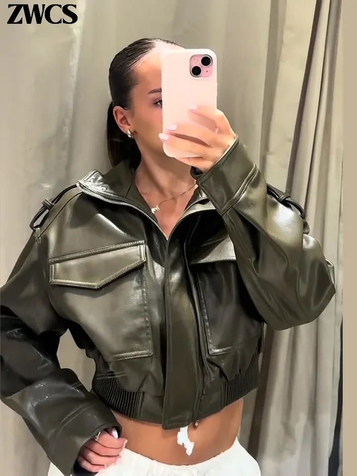 Vintage Zippers Short Leather Jackets Womens Casual Lapel Button Pockets Full Sleeve Coat 2025 Autumn Lady Chic Streetwear 251029