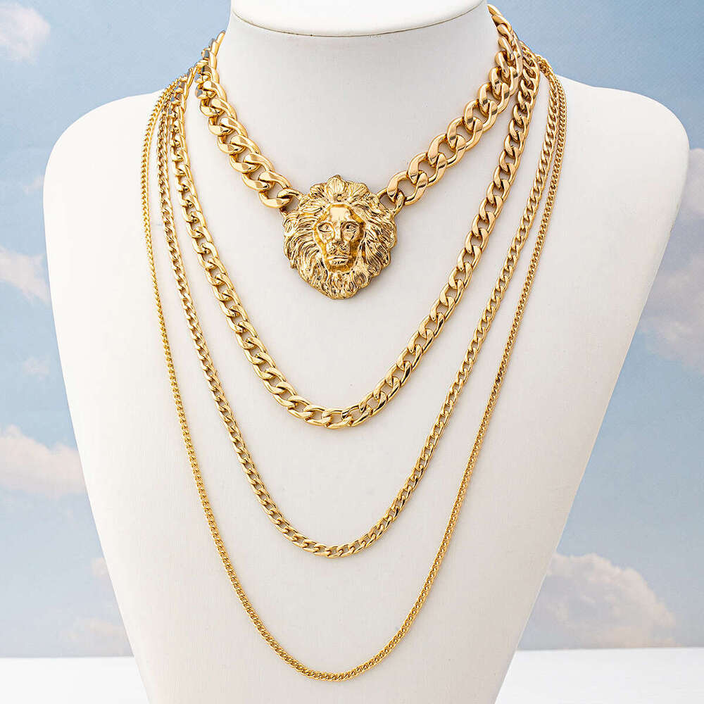 Fashionable Women's Lion Head Hip-Hop Multi-Layer Punk Necklace Suitable for Parties and Music Festivals Without Gift Box
