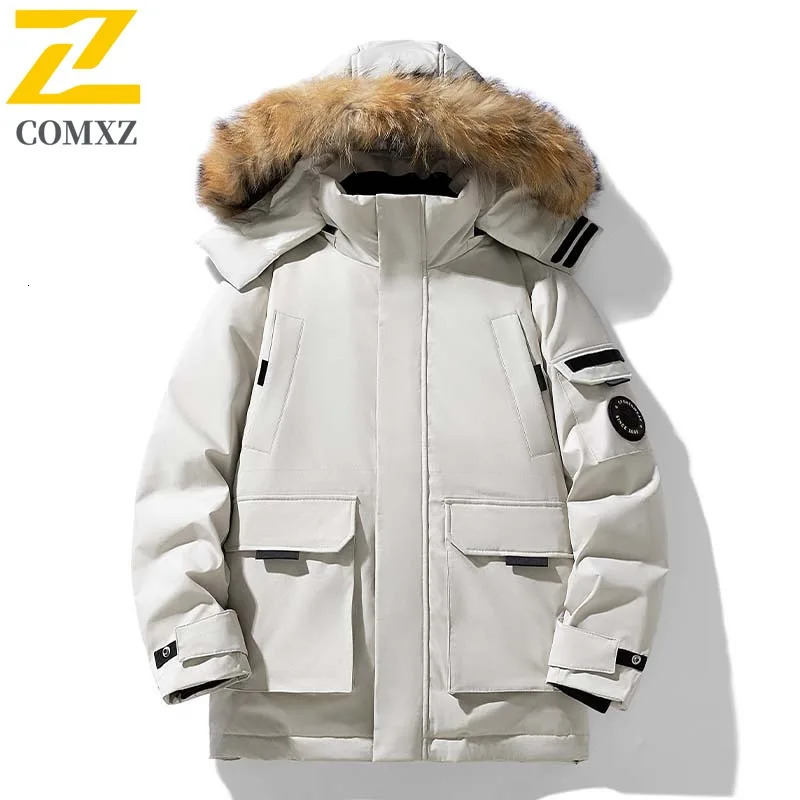 COMXZ Winter Down Jacket Men Women Highquality Camo Fluffy Fur Collar White Duck Down Parka Coat Casual Thermal Puffer Jacket 251023