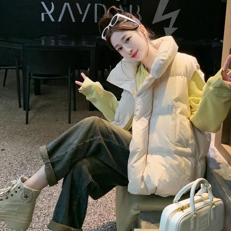 Winter Womens Thick down Cotton Vest High Neck Sleeveless Zip Jacket Warm Casual Padded Waistcoat Student Outerwear 251027