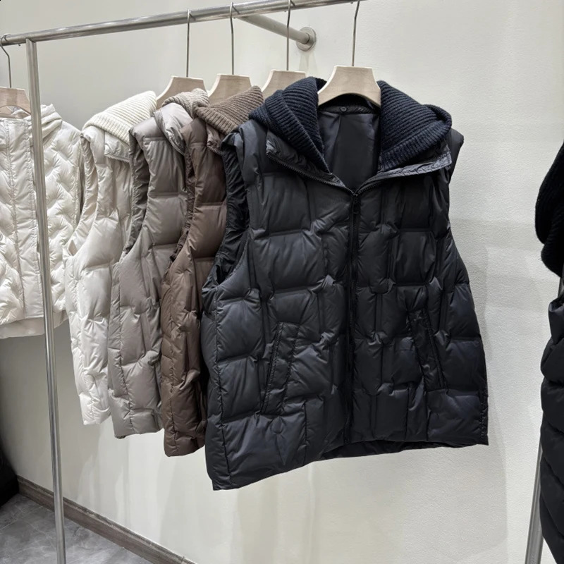 Autumn Winter Hooded Knitted Splicing Down Vest Women White Duck Down Sleeveless Warm Vest Tops Female Zipper Waistcoat Outwears 251027