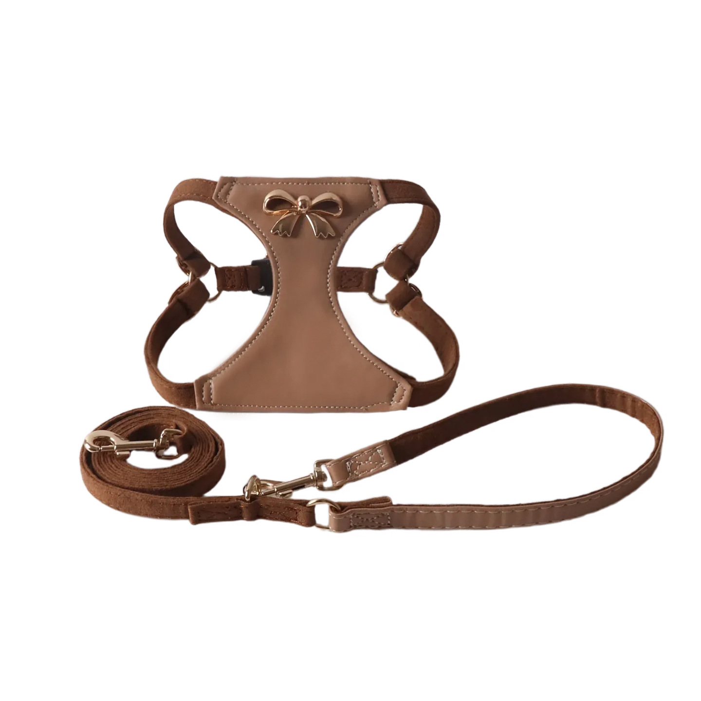 Luxury Suede Pet Harness Leash Set with Metal Bowknot, Adjustable & Durable, Stylish Walking Gear, Comfortable Pet Vest Harness with Leash, Suitable f