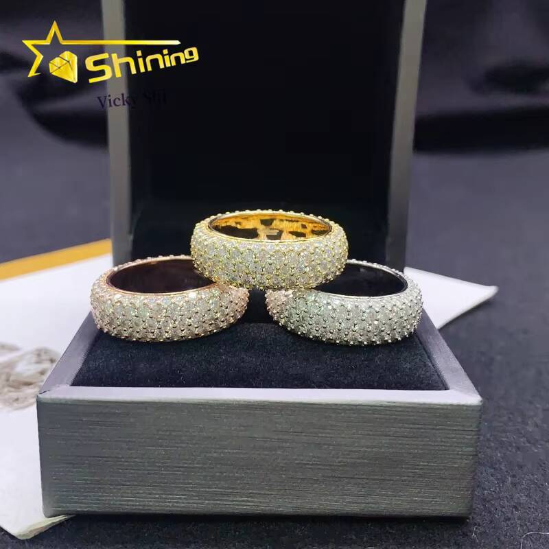 Shining Full of Diamond 5 Rows Moissanite Diamond Ring Men 925 Sterling Silver Gold Plated Hip Hop Ring Finger Rings