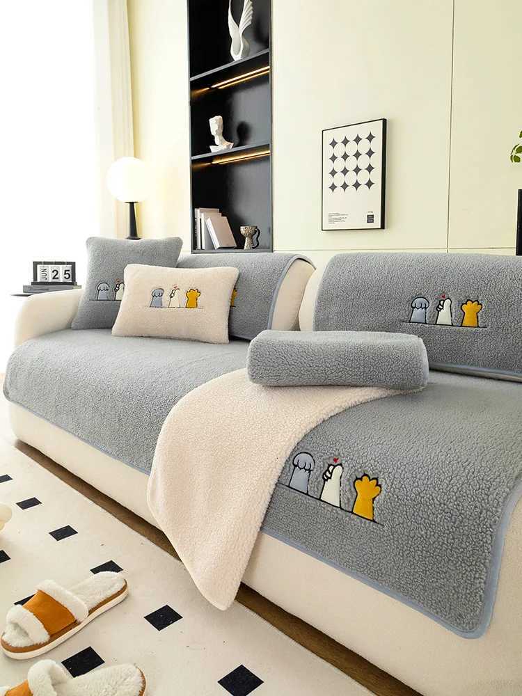 Lamb Plush Sofa Cushion Winter Warm Thickening NonSlip Living Room Sofa Cover Cloth Universal Leather Sofa Recliner Cover C251028