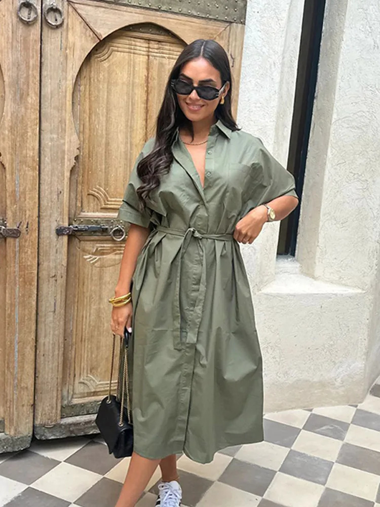 Summer Casual Lapel Shirt Dress Retro Lace Up Short Sleeved Womens Dress Elegant Single Breasted Solid Long Dress 251027