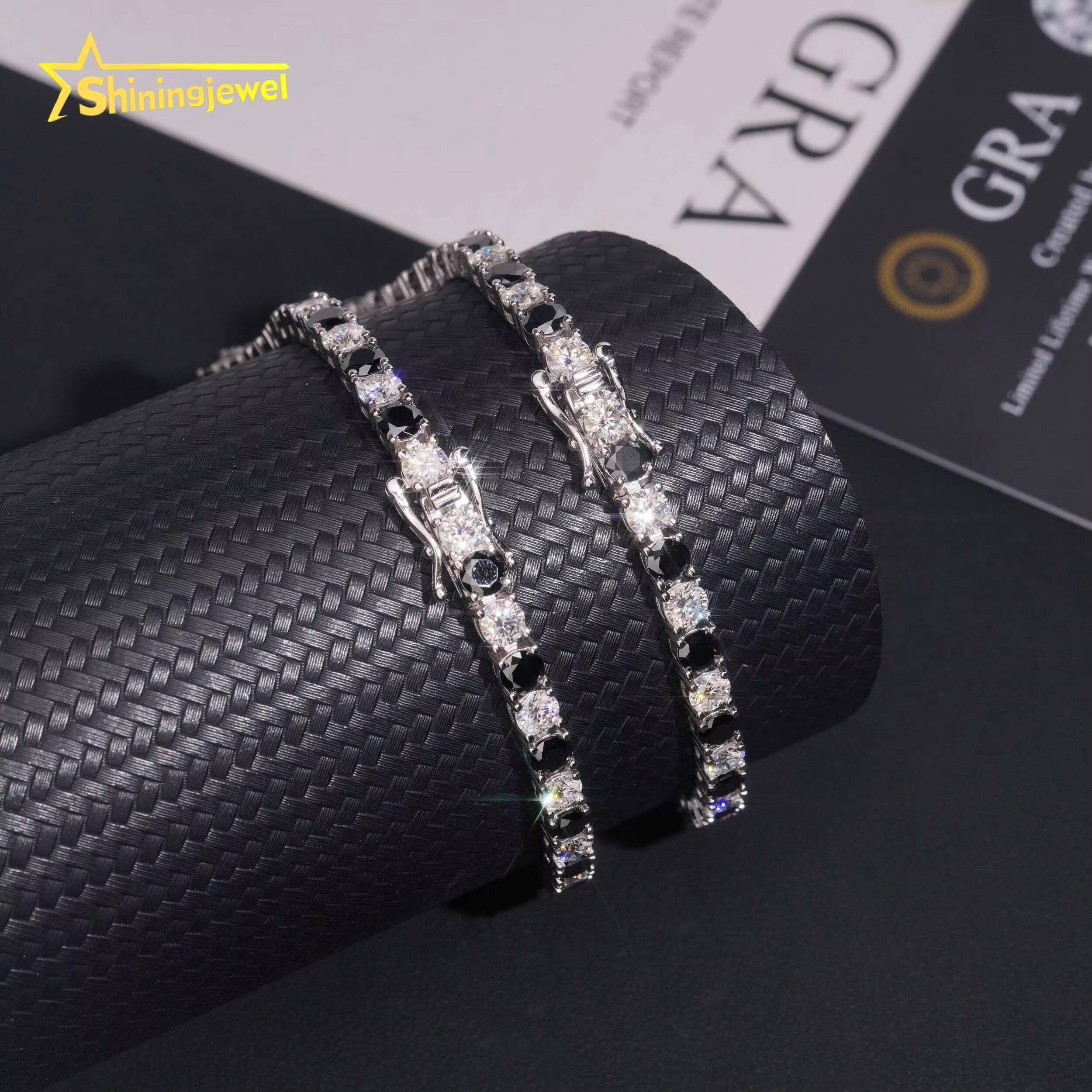 Iced Out Jewelry 4MM Black and White Moissanite Diamond Tennis Bracelet 925 Silver Hip Hop Tennis Bracelet